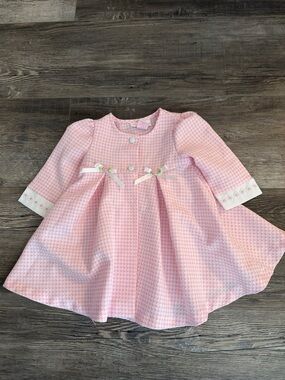 Bonnie Baby Pink Houndstooth Pleated Dress with Ribbon Bows